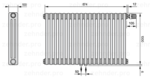 Схема (чертеж) Радиатор Zehnder Charleston 3100/19 №V008 Белый глянцевый RAL 9016